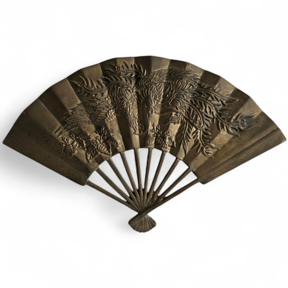 Vintage Enesco Brass Phoenix Fan Wall Decor Chinoiserie Accent - Picture 1 of 7